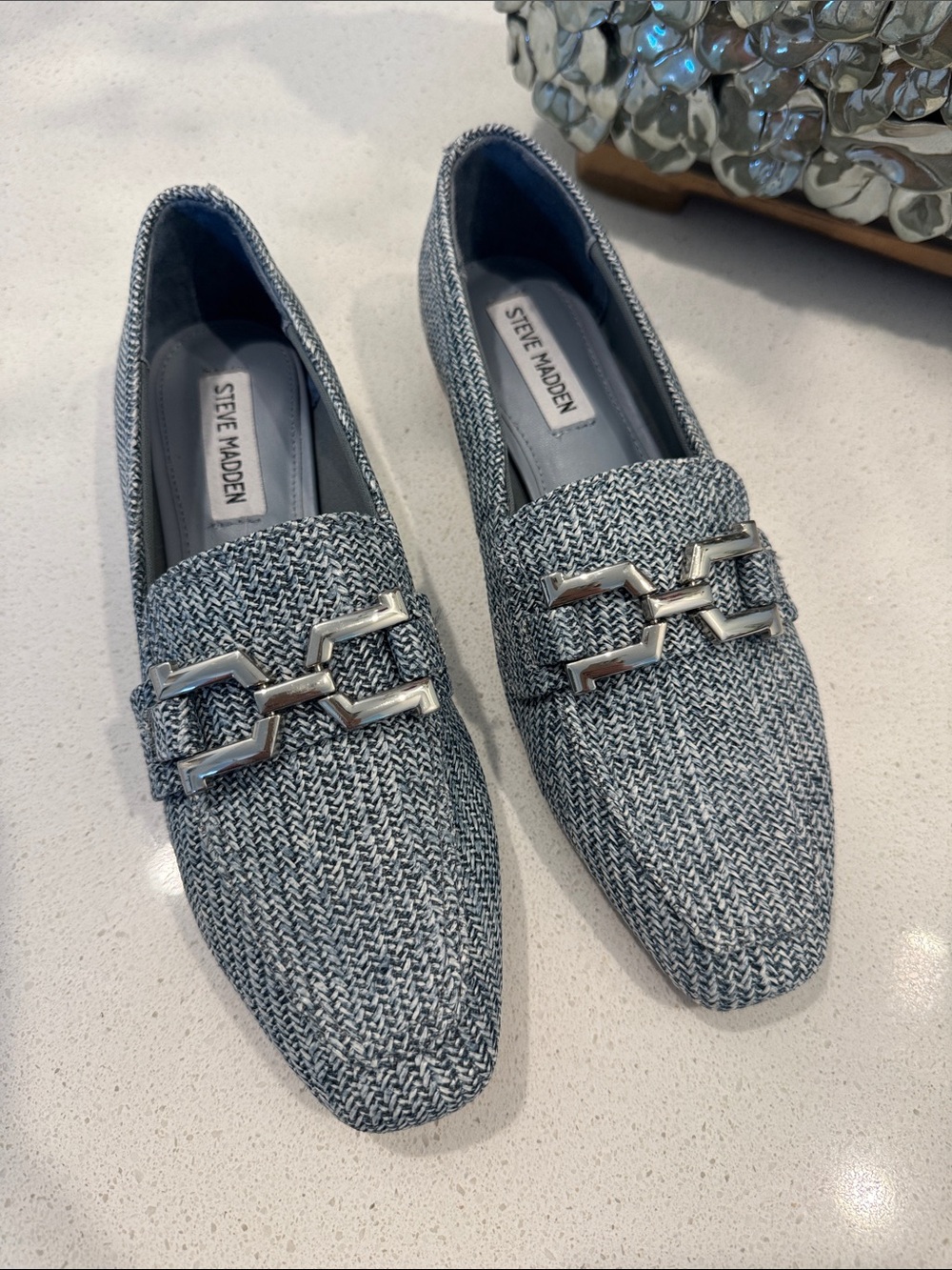 Steve Madden Blue-Gray Tweed Slip-On Loafers with Silver Chain